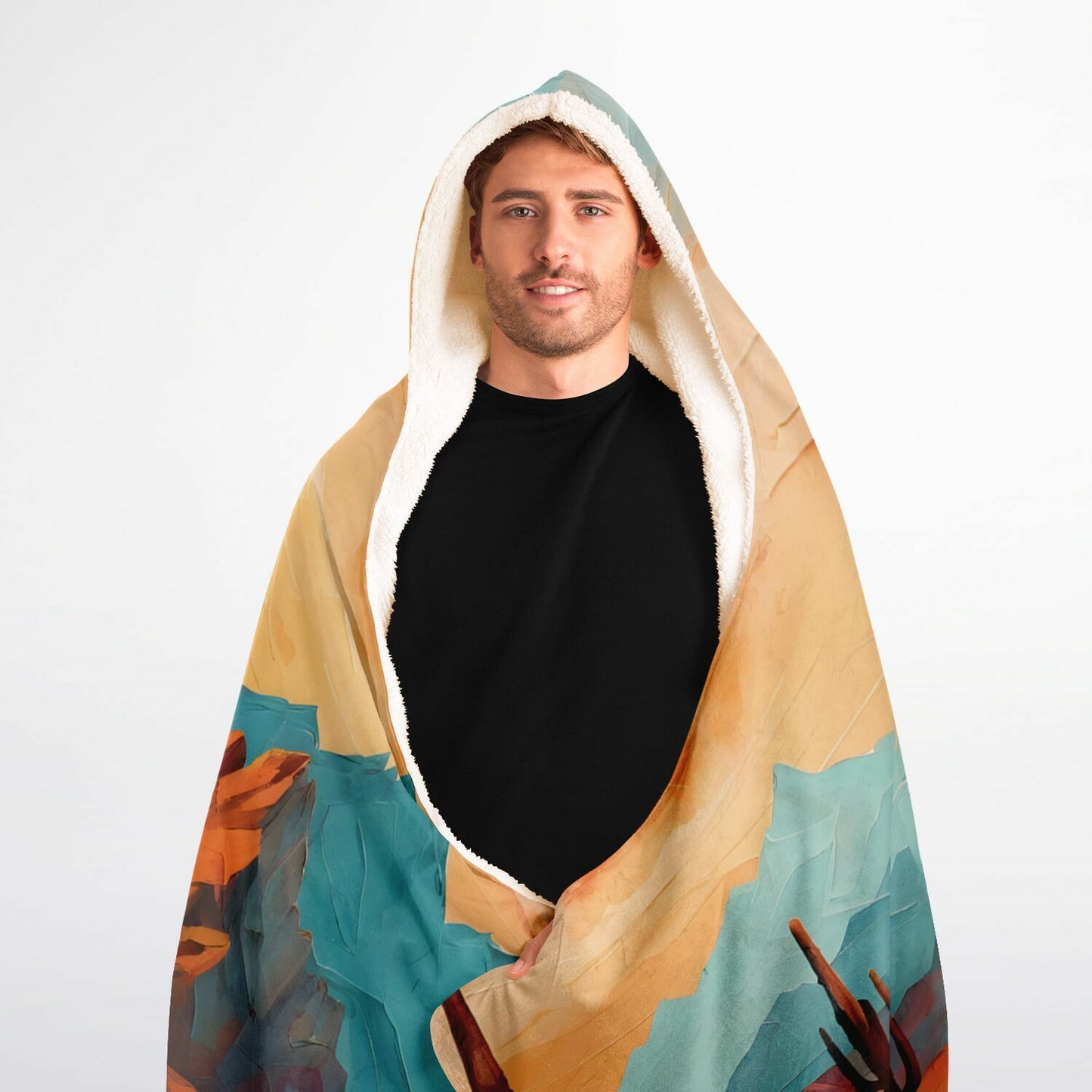 Design Hooded Blanket - Festival Style Sherpa Fleece with Teal & Orange Artwork