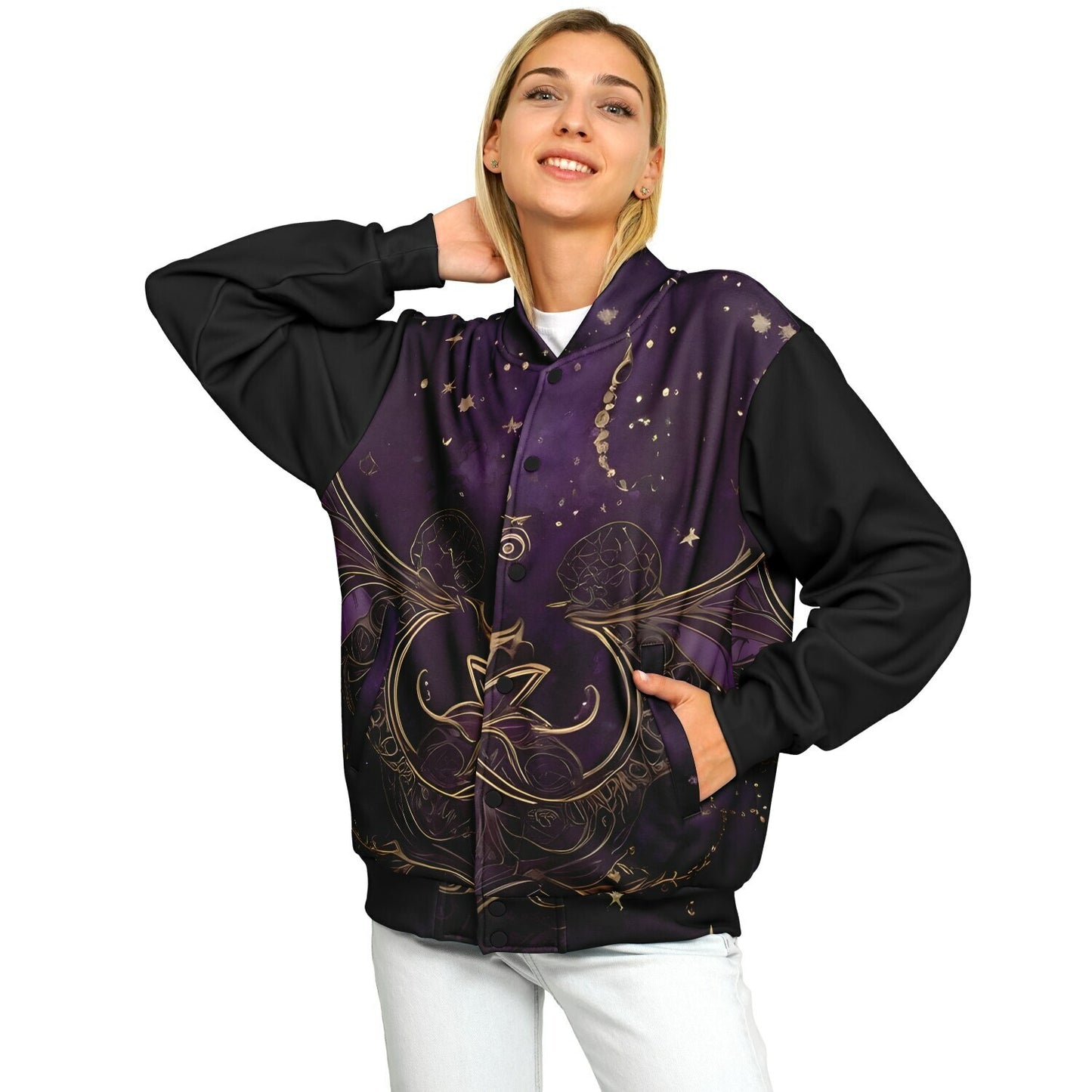Celestial Purple Baseball Jacket - Festival Outerwear with Purple and Gold Stars