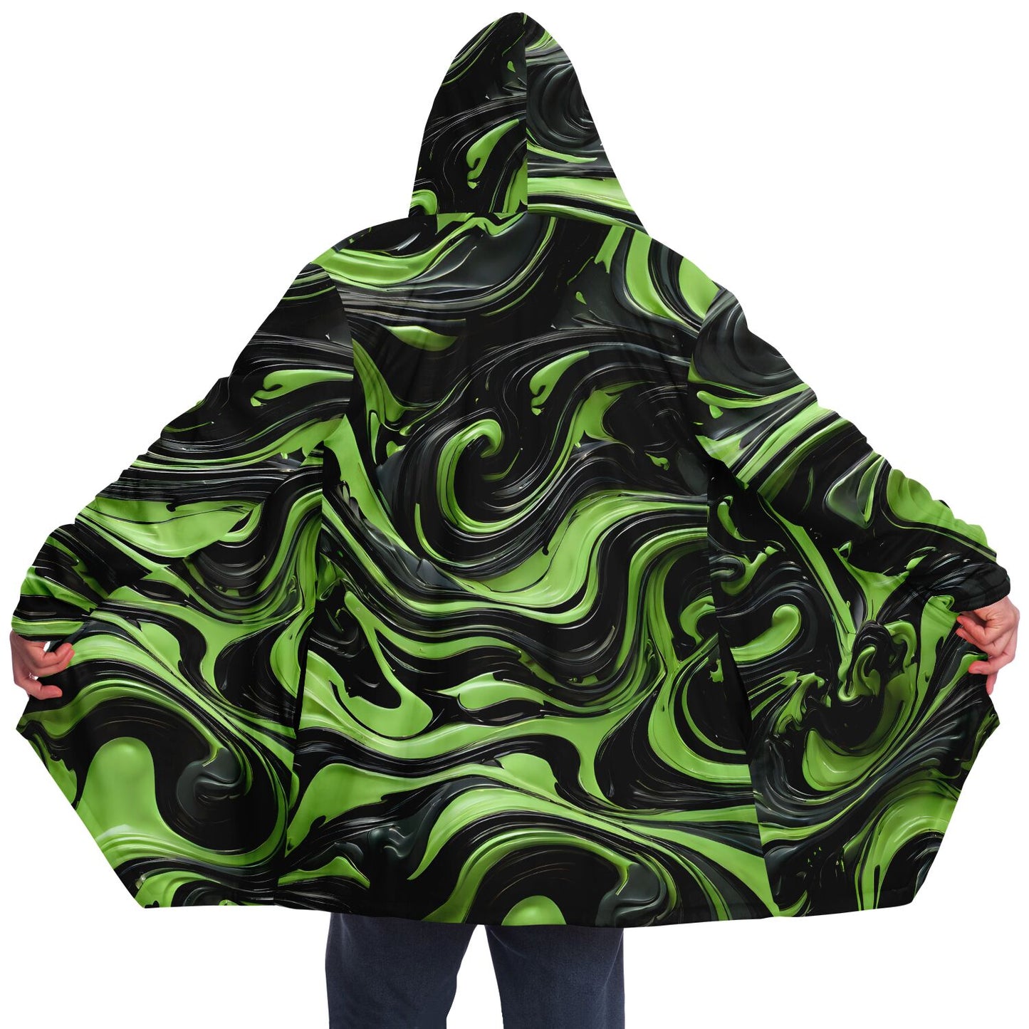 Green Raver's Hooded Cloak - Festival Fleece Cloak with Swirl Pattern