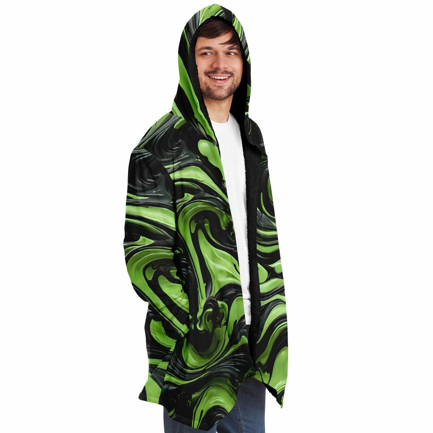 Green Raver's Hooded Cloak - Festival Fleece Cloak with Swirl Pattern