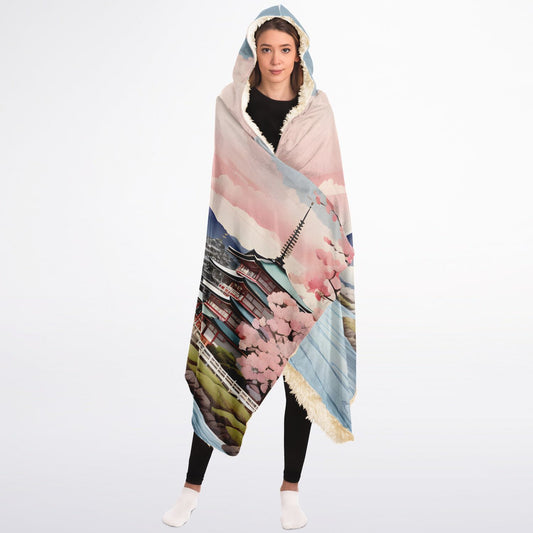 Pastel Mount Fuji Hooded Blanket - Sherpa Fleece with Japanese Fantasy Scene