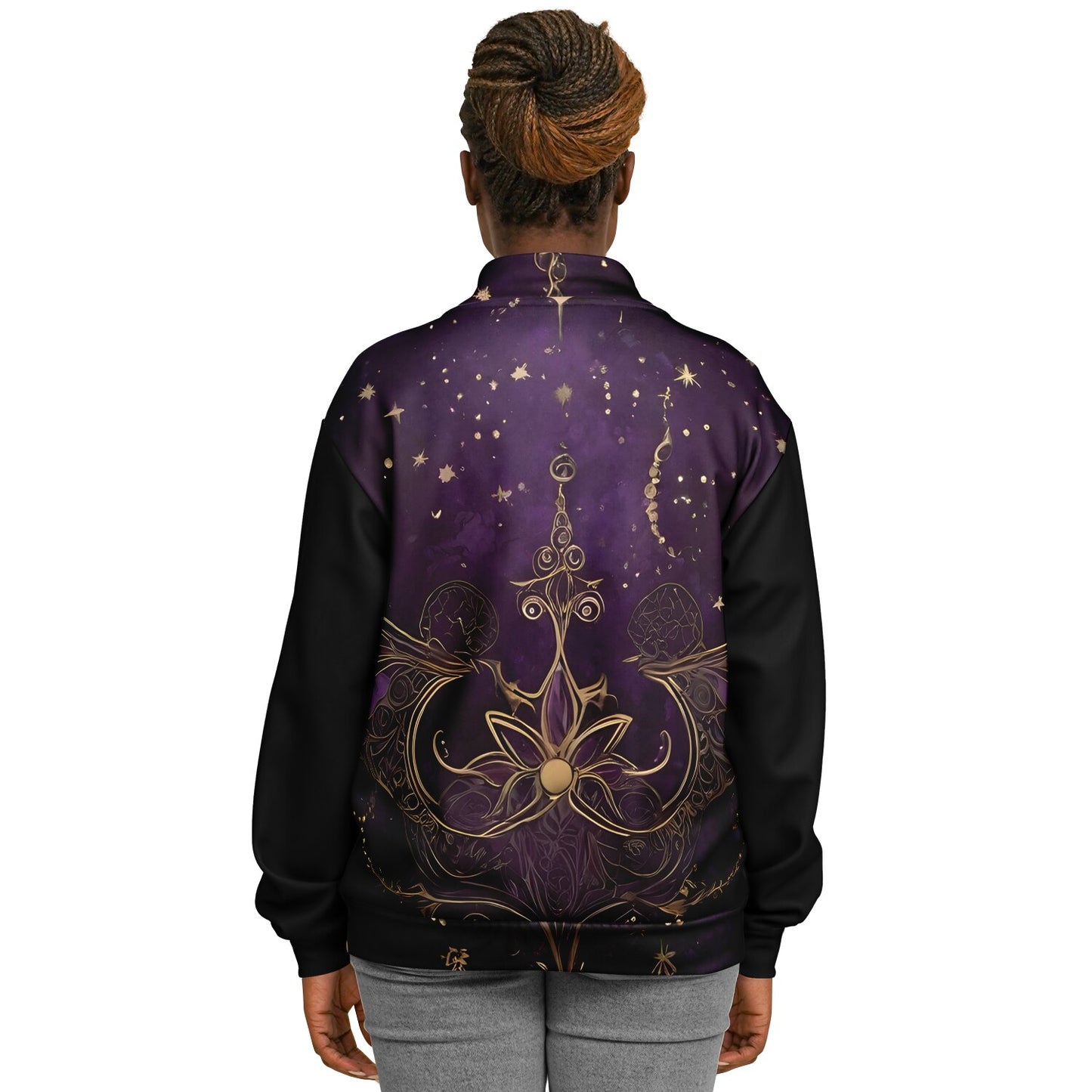 Celestial Purple Baseball Jacket - Festival Outerwear with Purple and Gold Stars