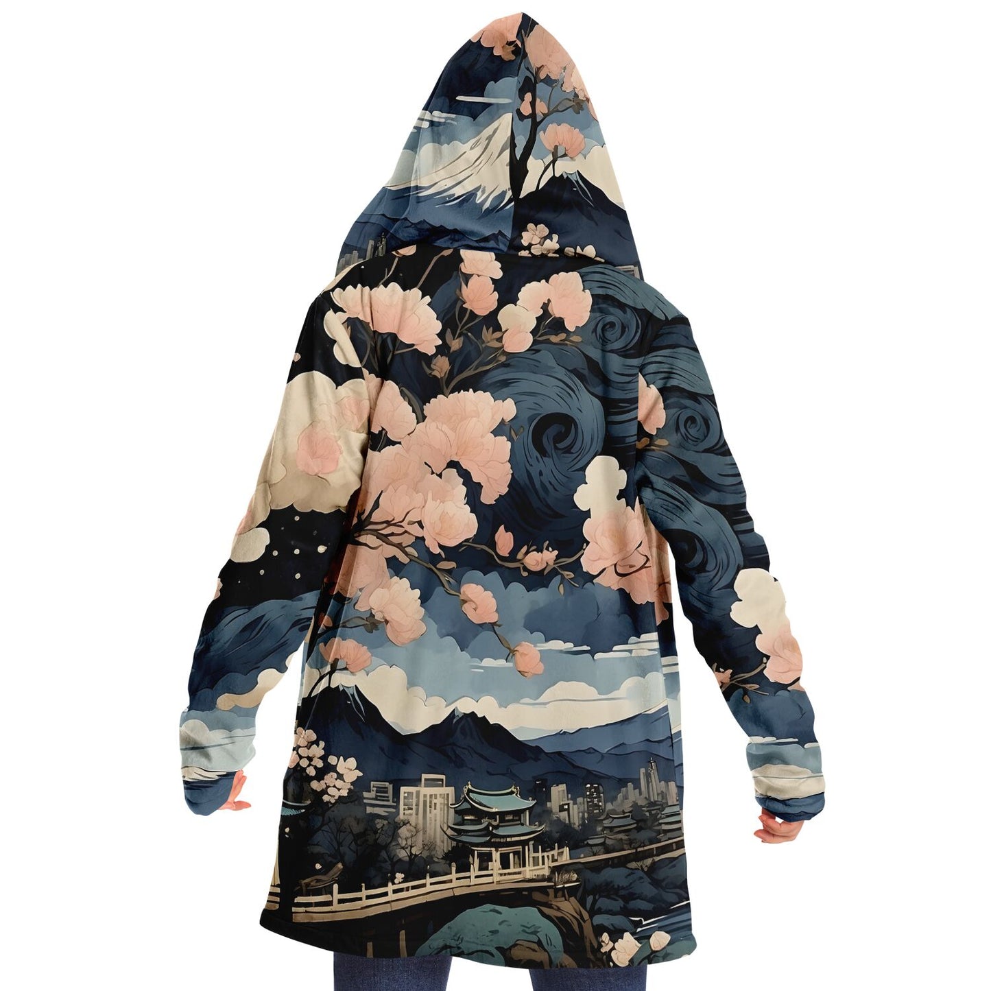 Painted Kyoto Hooded Cloak - Sherpa Fleece with Anime Japanese City Skyline