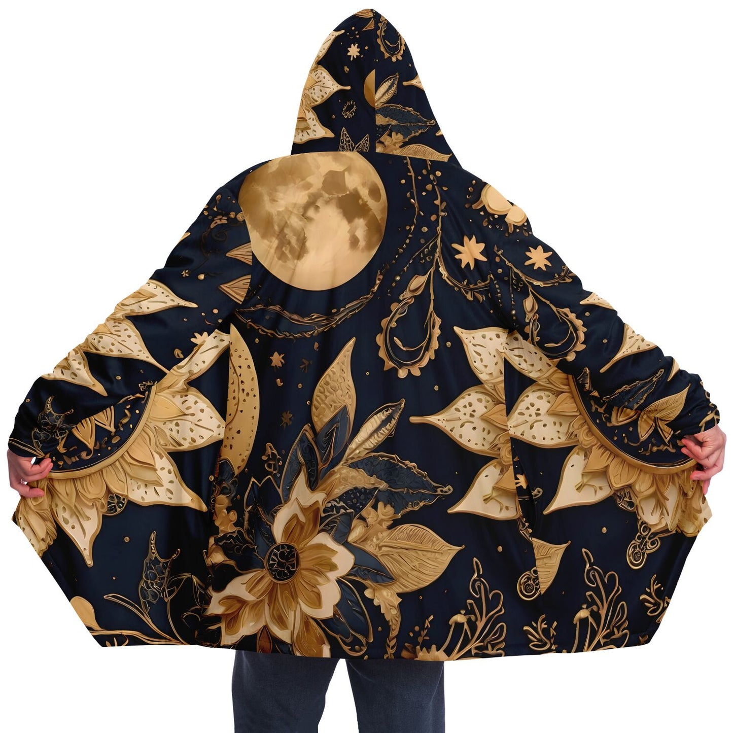 Celestial Blue Hooded Cloak - Sherpa Fleece with Gold Sun and Solar Aesthetics