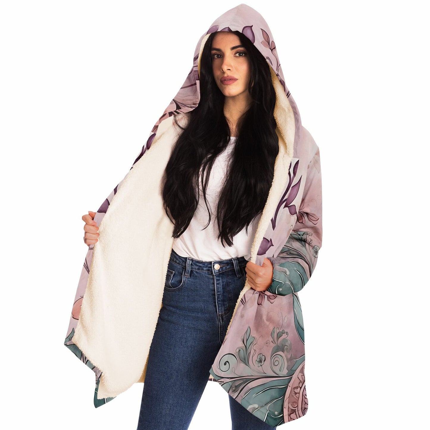 Floral Hooded Cloak - Sherpa Fleece with Boho Pastel Flower Design