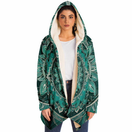 Emerald Mandala Hooded Cloak - Durable Fleece Cloak with Abstract Mandala Pattern