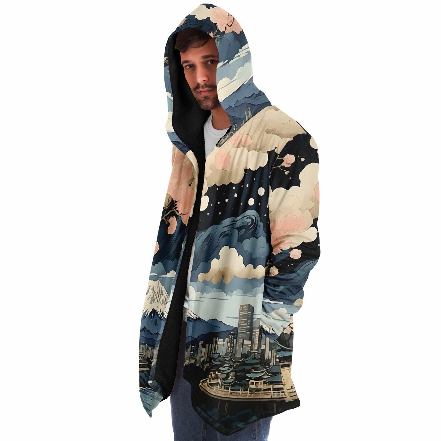 Painted Kyoto Hooded Cloak - Sherpa Fleece with Anime Japanese City Skyline