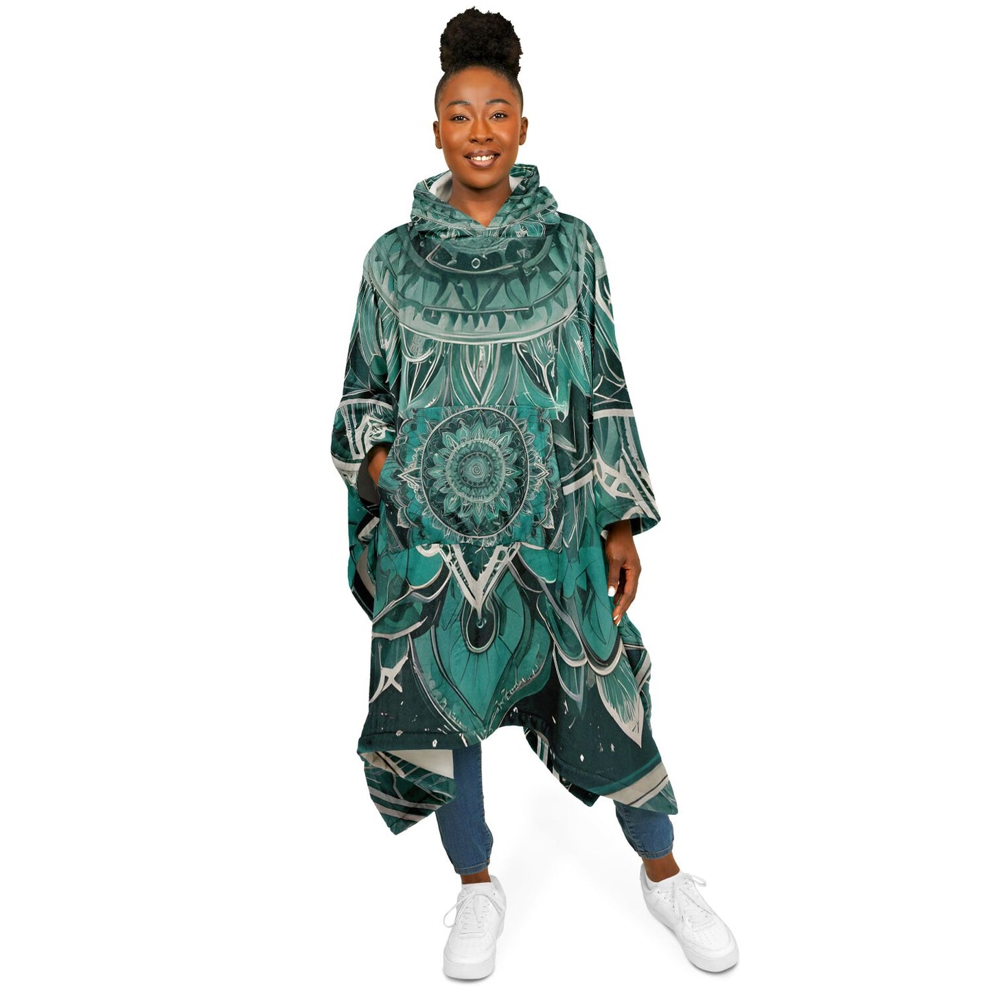 Green Mandala Flannel Blanket Poncho - Fleece Festival Poncho