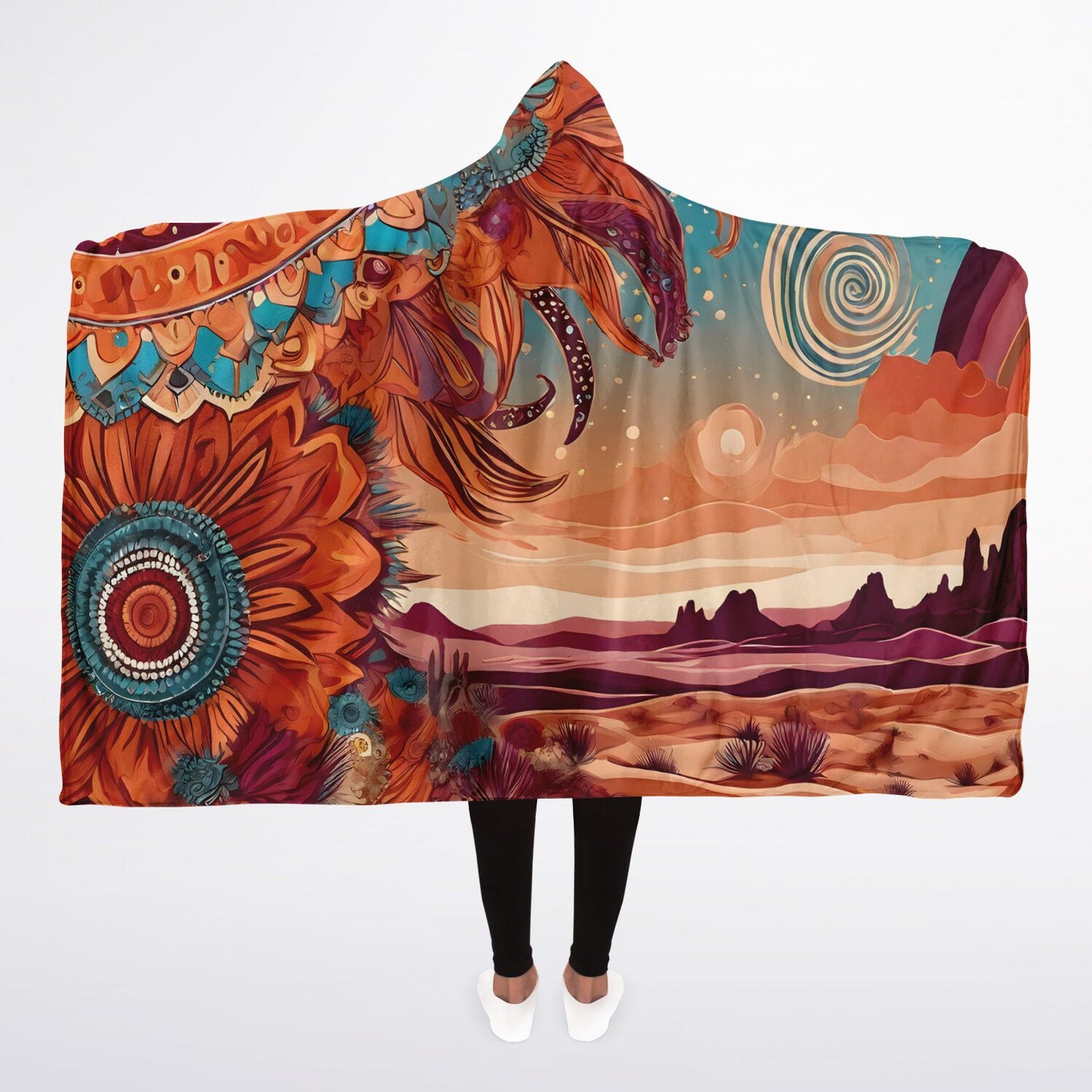 Boho Desert Hooded Blanket - Sherpa Fleece with Boho Desert Horizon and Sunflower