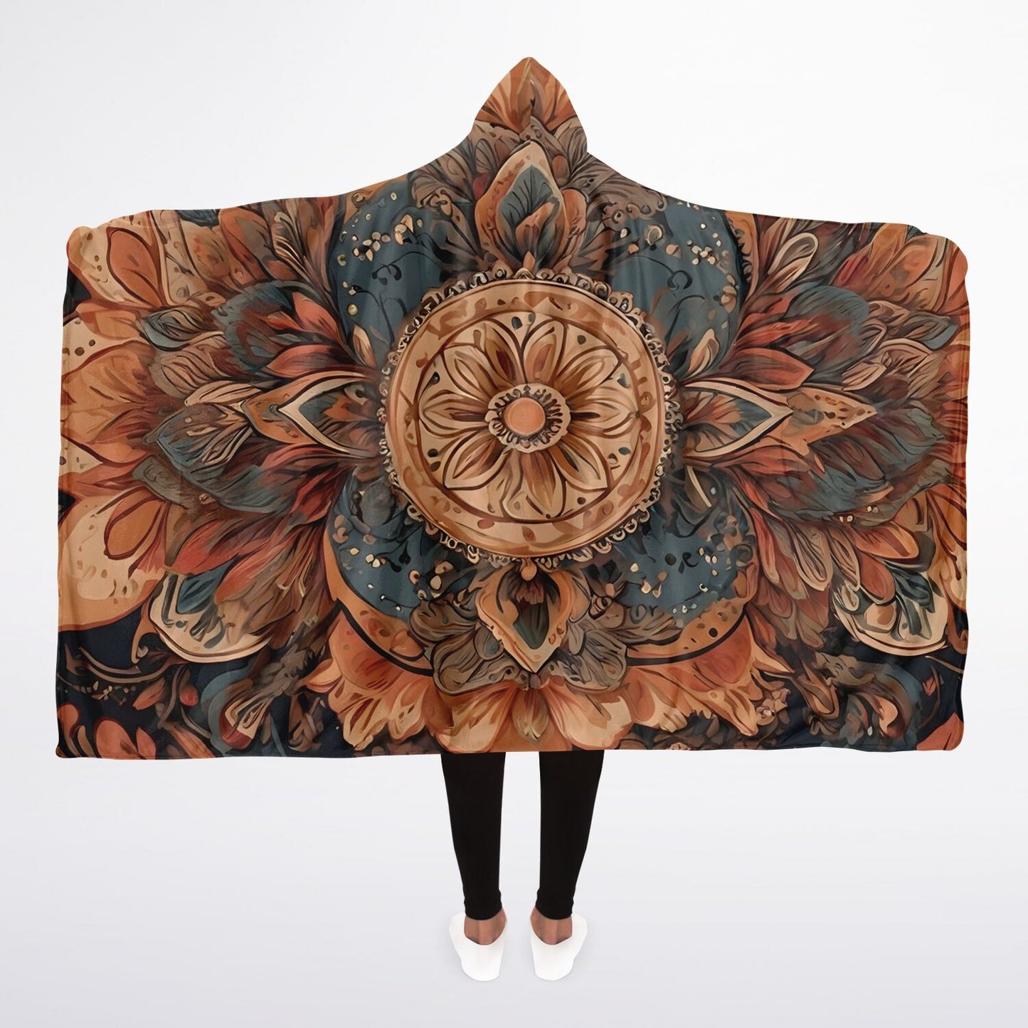 Earth Mandala Hooded Blanket - Fleece Blanket with Bohemian Floral Pattern