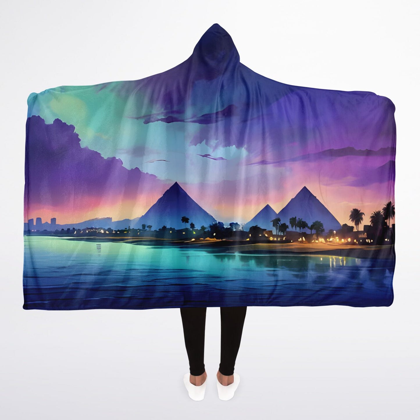 Anime Pyramids Hooded Blanket - Sherpa Fleece with Fantasy Egyptian Artwork Scene