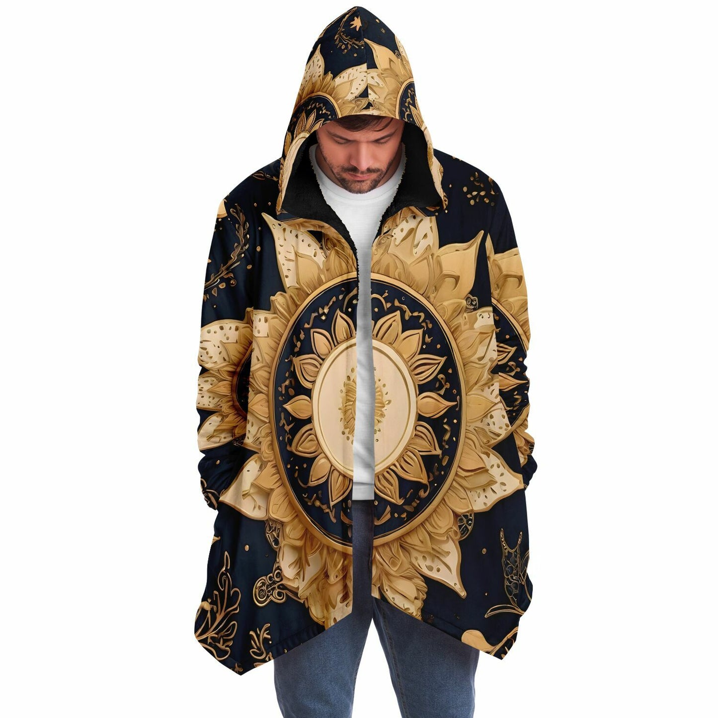 Celestial Blue Hooded Cloak - Sherpa Fleece with Gold Sun and Solar Aesthetics