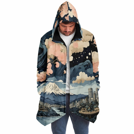 Painted Kyoto Hooded Cloak - Sherpa Fleece with Anime Japanese City Skyline