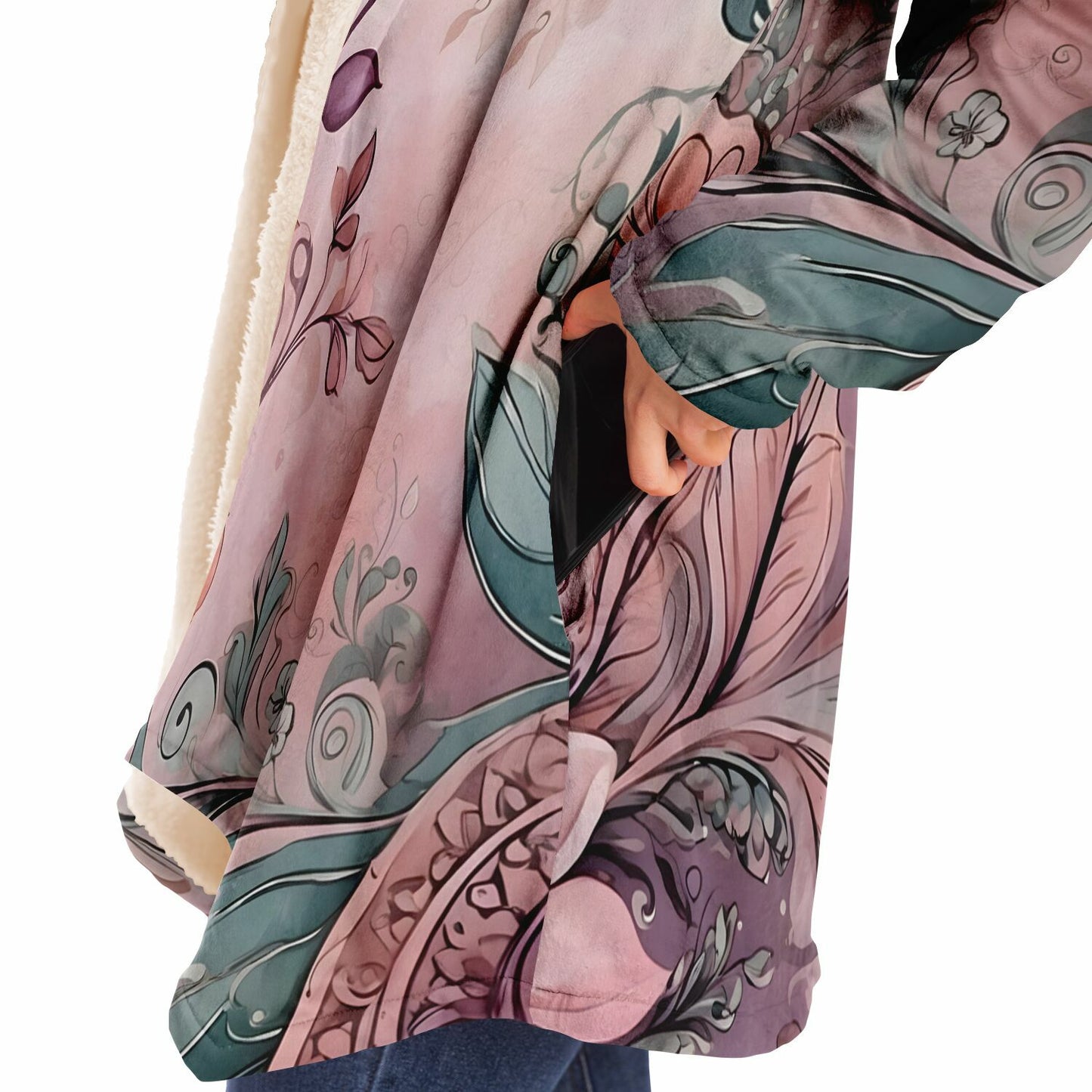 Floral Hooded Cloak - Sherpa Fleece with Boho Pastel Flower Design