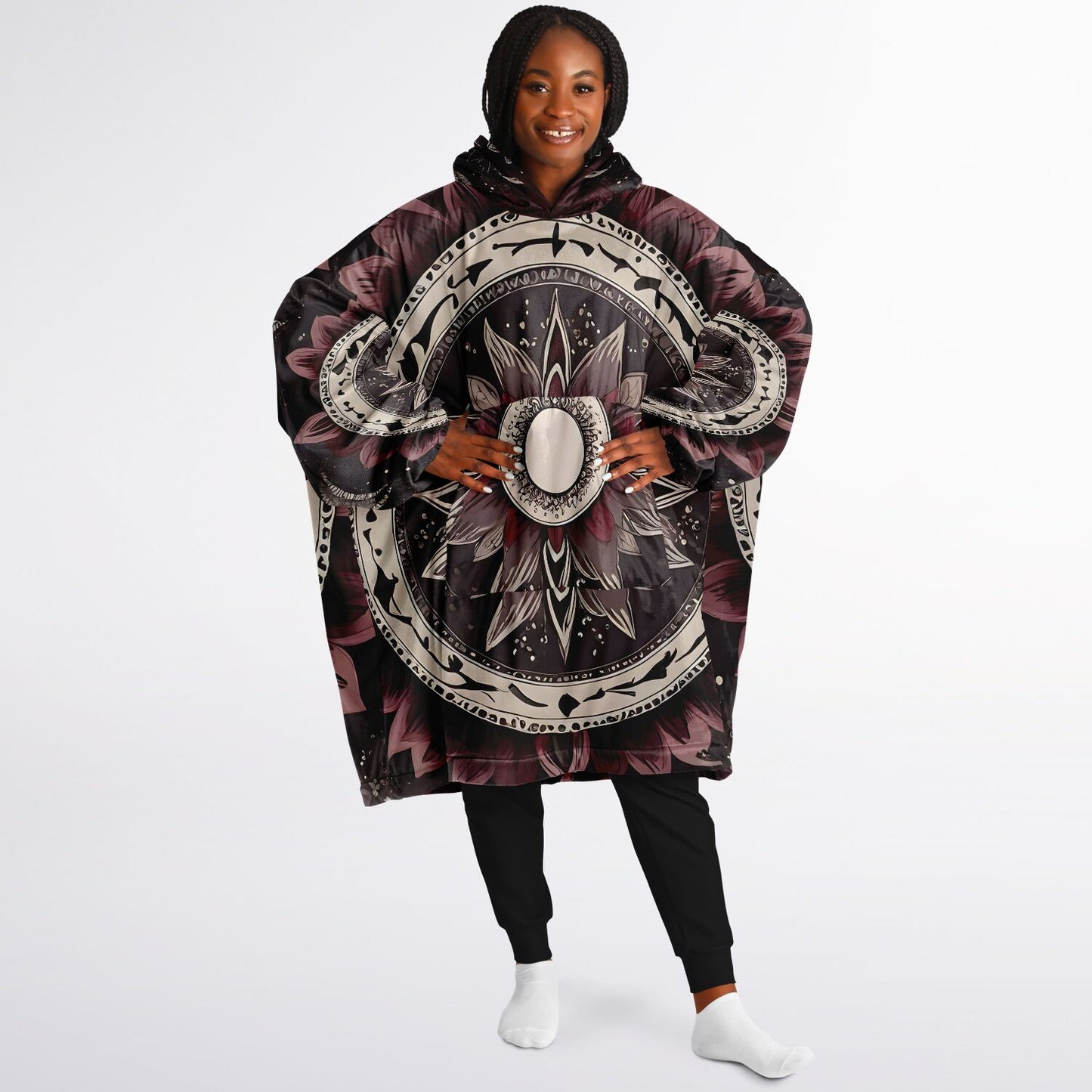Maroon Mandala Snug Hoodie - Festival Fleece Wearable Hoodie - Essentials Hoodie