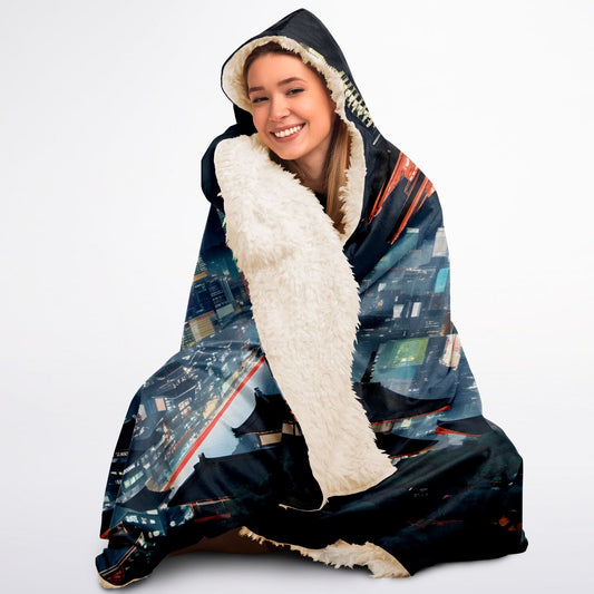 Anime Tokyo City Hooded Blanket - Sherpa Fleece with Electric Nightlife City Print