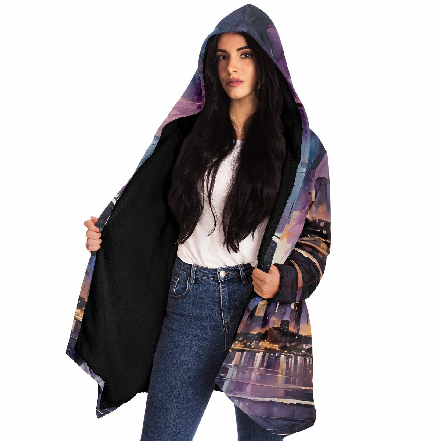 Night Sky Hooded Cloak - Rave Sherpa Fleece Cloak with Wearable Art