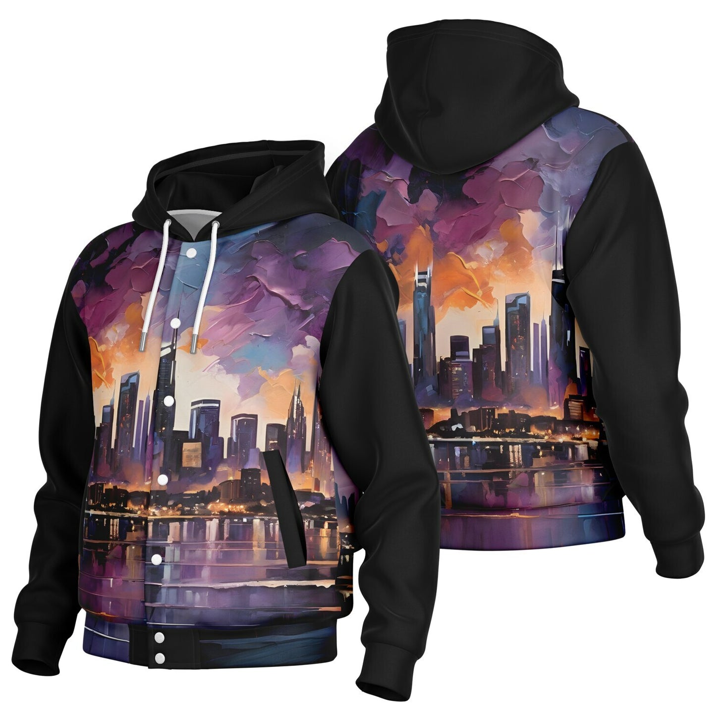 Rave City Hoodie Jacket - Durable Streetwear Bomber Jacket with City Art Pattern
