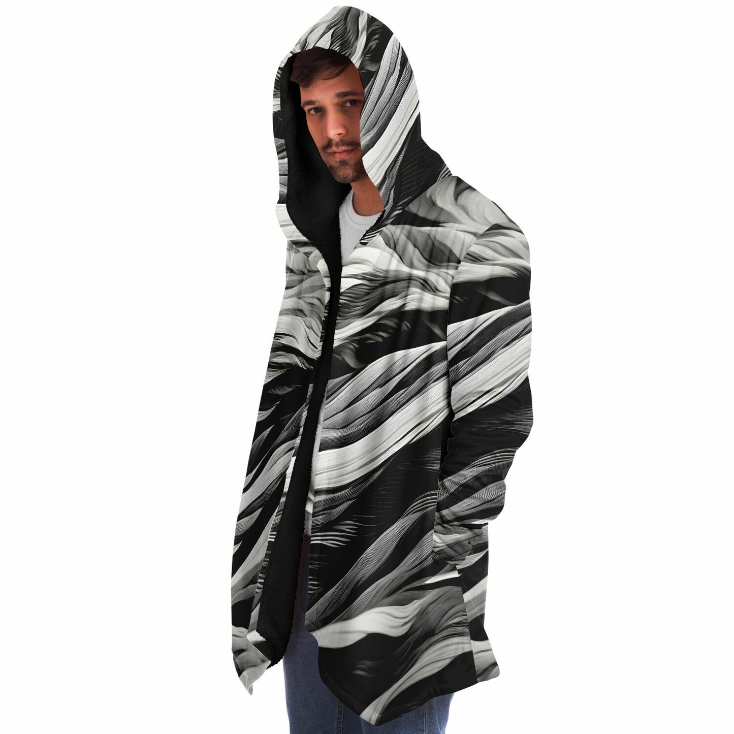 Rave Fashion Hooded Cloak - Fleece Lined Festival Wear with Black Swirl Pattern