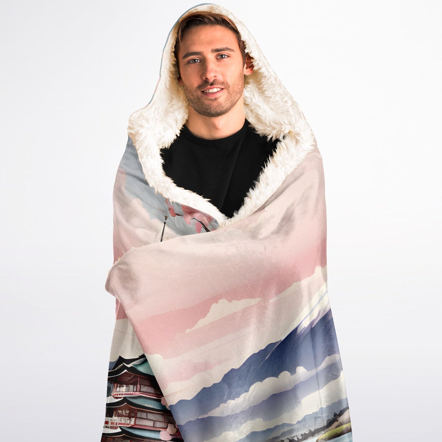 Pastel Mount Fuji Hooded Blanket - Sherpa Fleece with Japanese Fantasy Scene