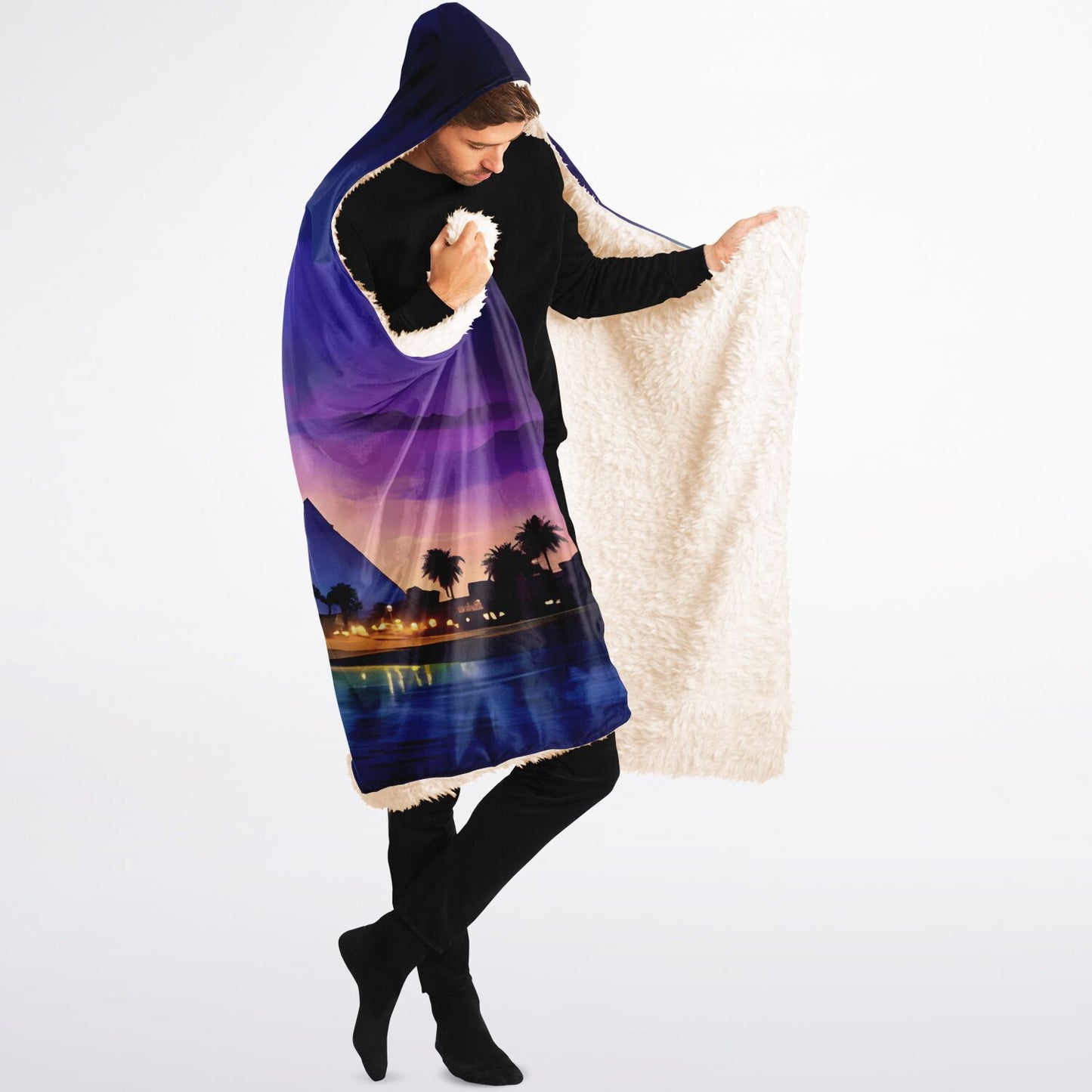 Anime Pyramids Hooded Blanket - Sherpa Fleece with Fantasy Egyptian Artwork Scene
