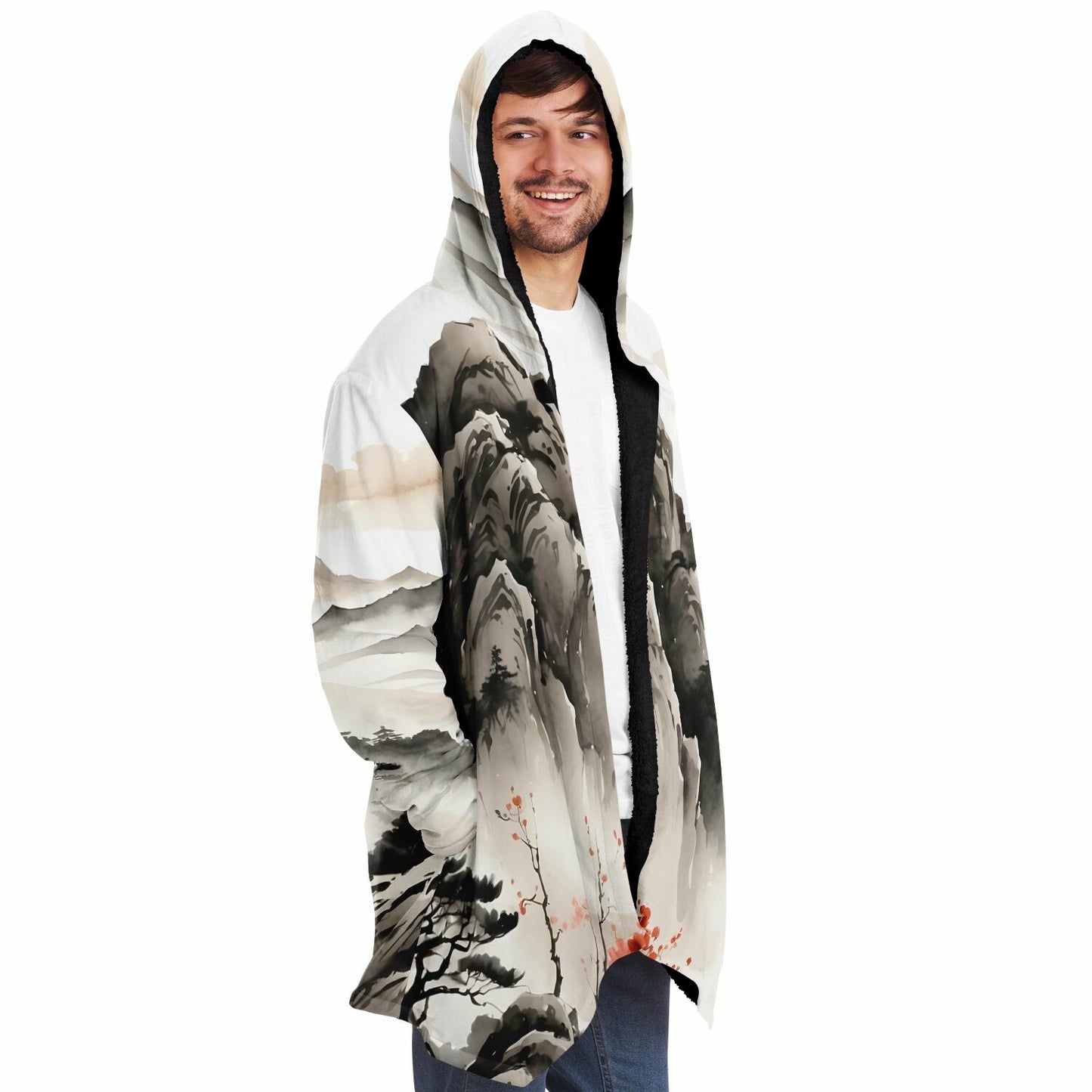 Asia Mountain Hooded Cloak - Sherpa Fleece with Fantasy Japanese Horizon