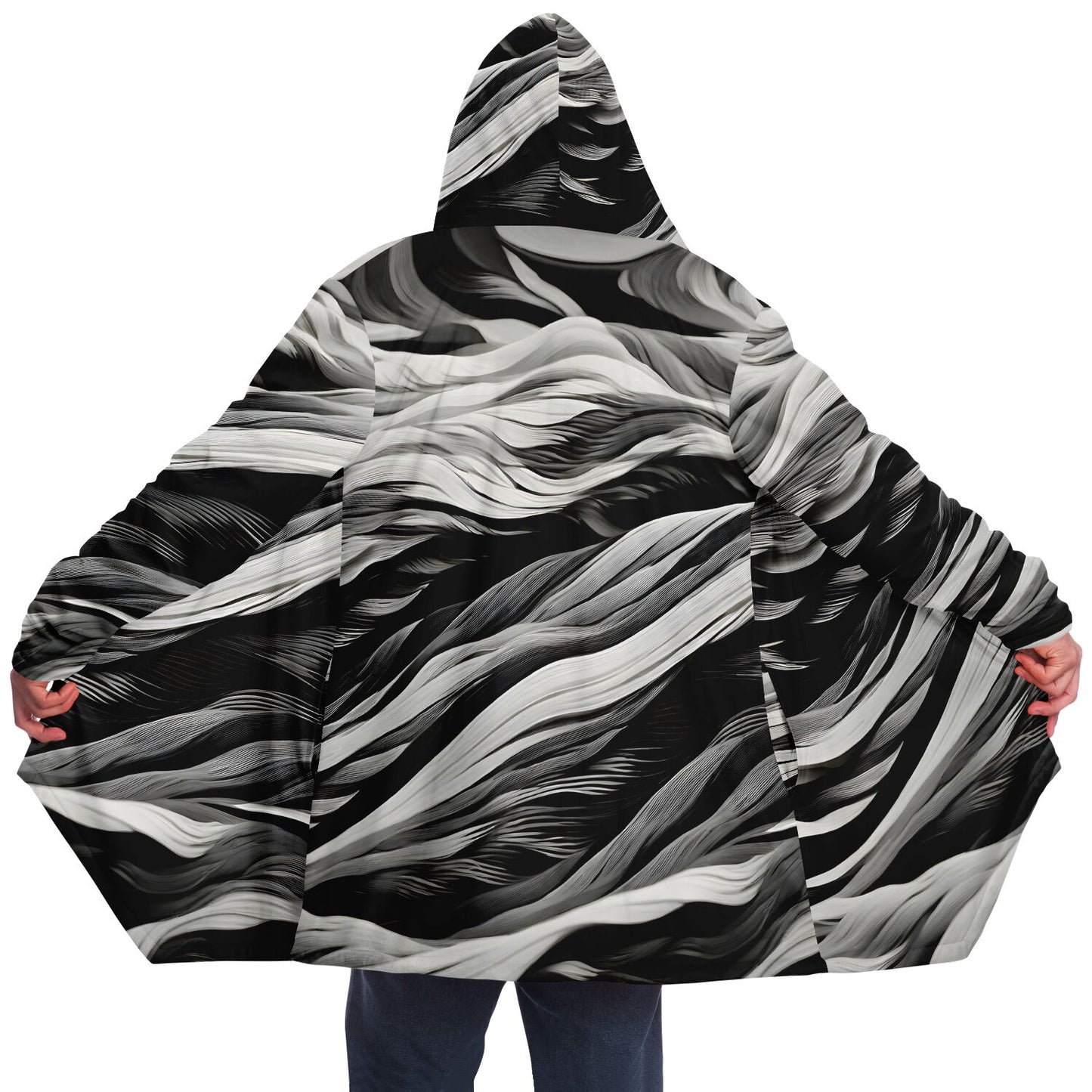 Rave Fashion Hooded Cloak - Fleece Lined Festival Wear with Black Swirl Pattern