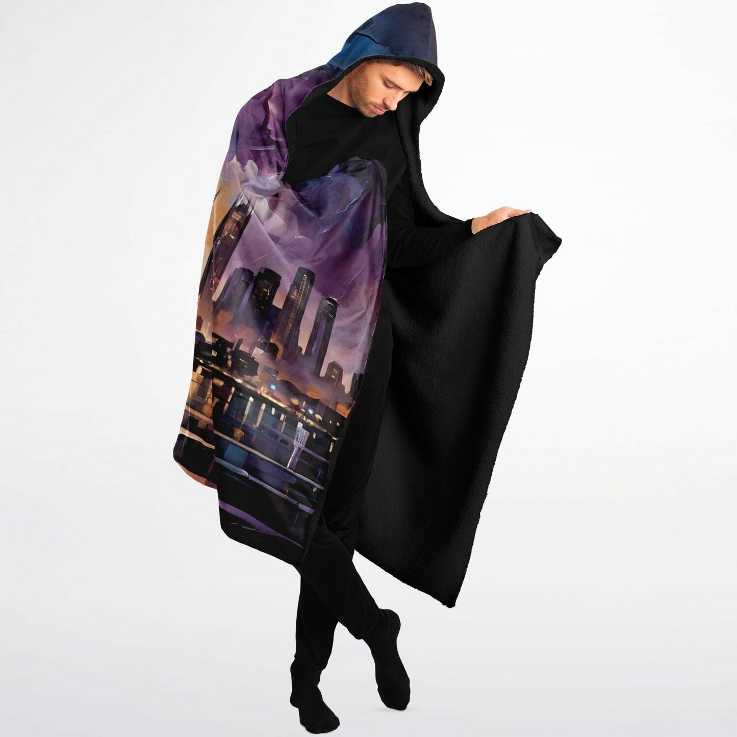Painted Art Hooded Blanket - Sherpa Fleece with City Rave Night Horizon