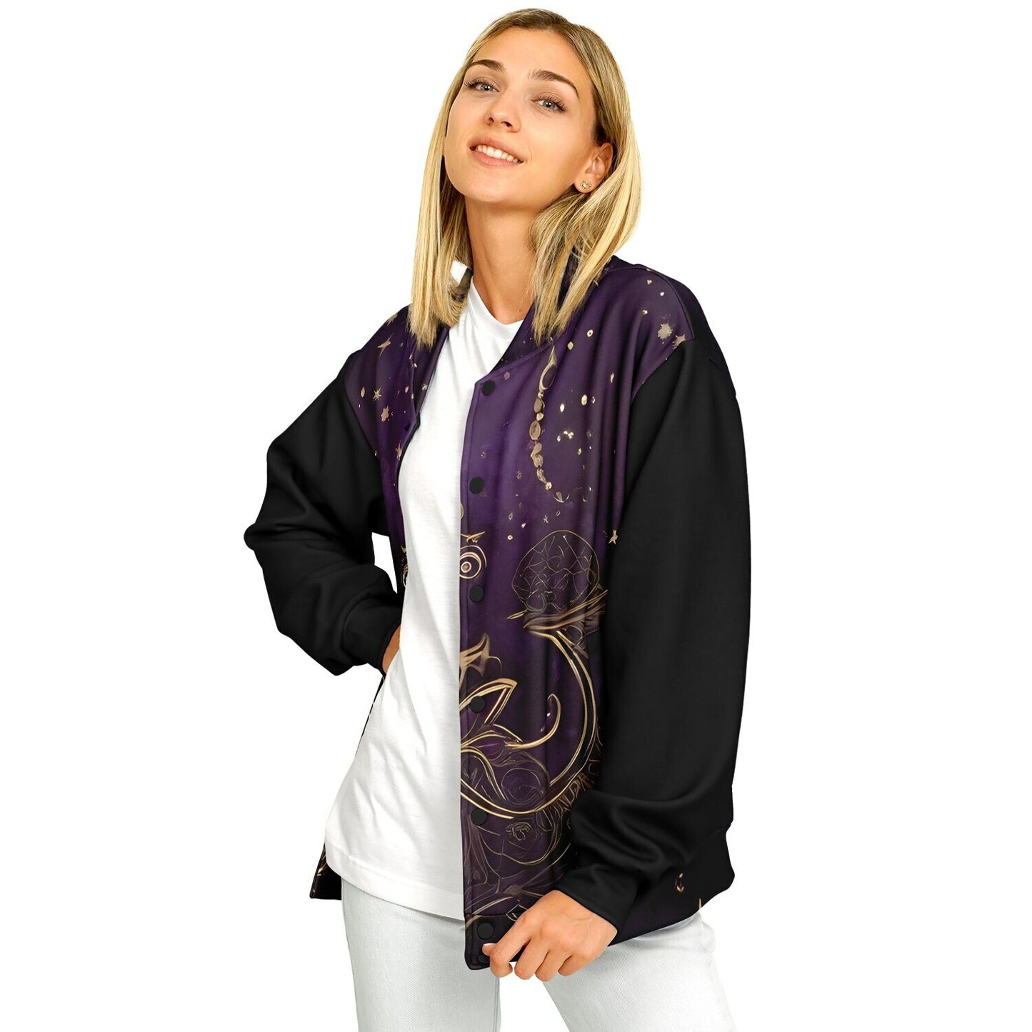 Celestial Purple Baseball Jacket - Festival Outerwear with Purple and Gold Stars