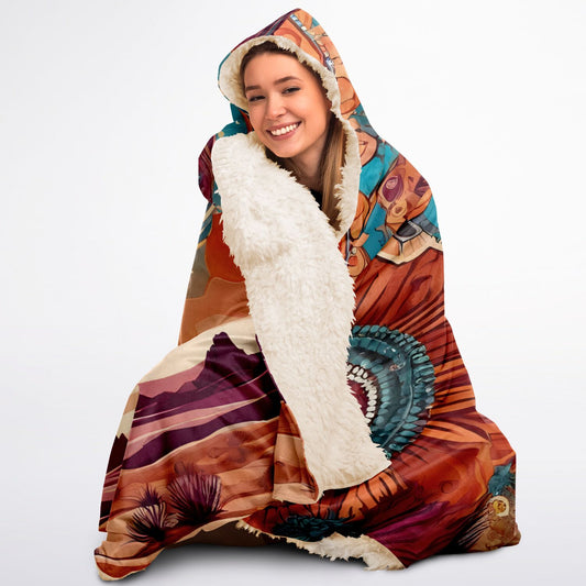 Boho Desert Hooded Blanket - Sherpa Fleece with Boho Desert Horizon and Sunflower