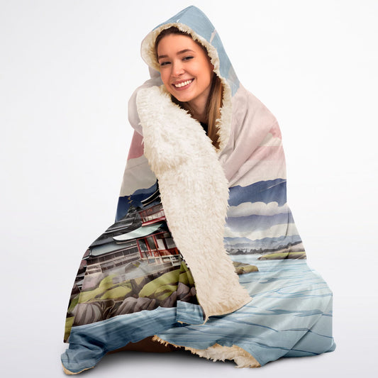 Pastel Mount Fuji Hooded Blanket - Sherpa Fleece with Japanese Fantasy Scene