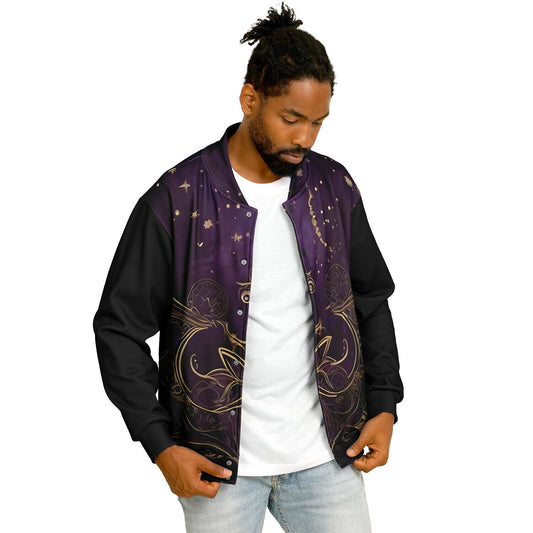 Celestial Purple Baseball Jacket - Festival Outerwear with Purple and Gold Stars