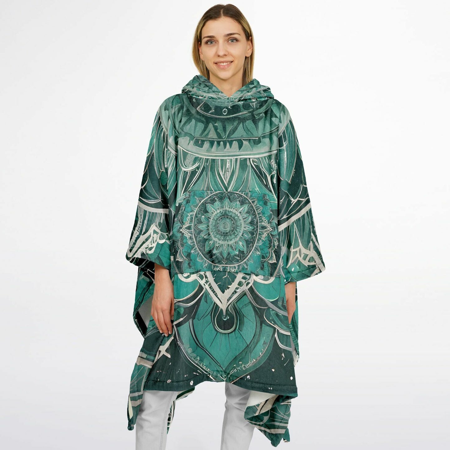 Green Mandala Flannel Blanket Poncho - Fleece Festival Poncho