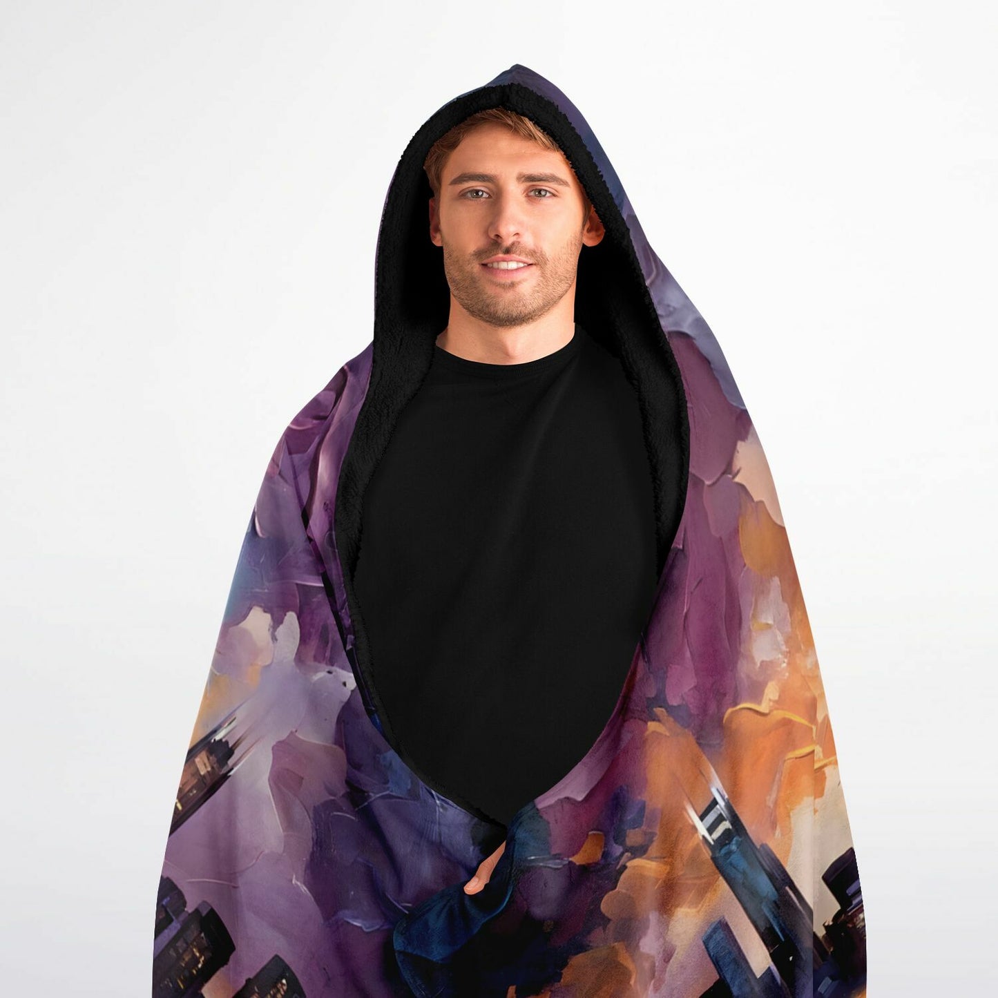 Painted Art Hooded Blanket - Sherpa Fleece with City Rave Night Horizon