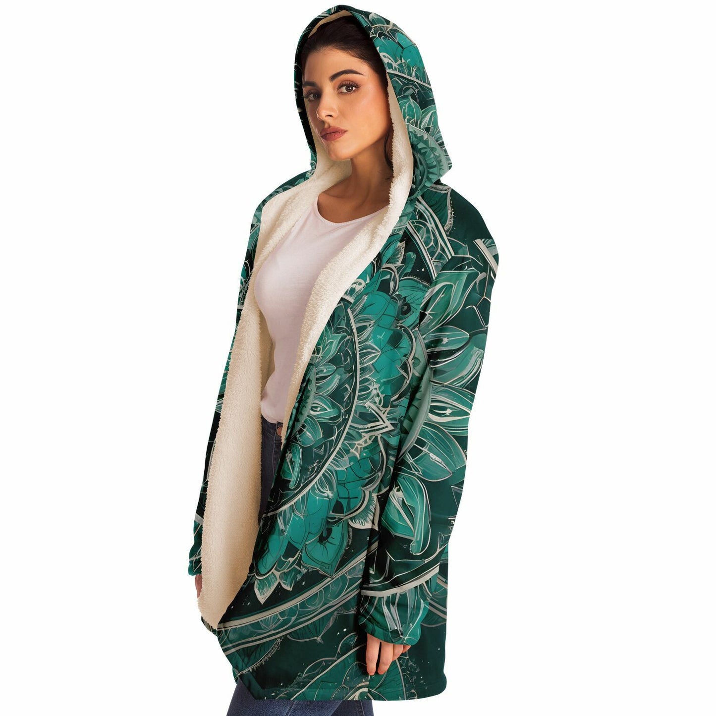 Emerald Mandala Hooded Cloak - Durable Fleece Cloak with Abstract Mandala Pattern
