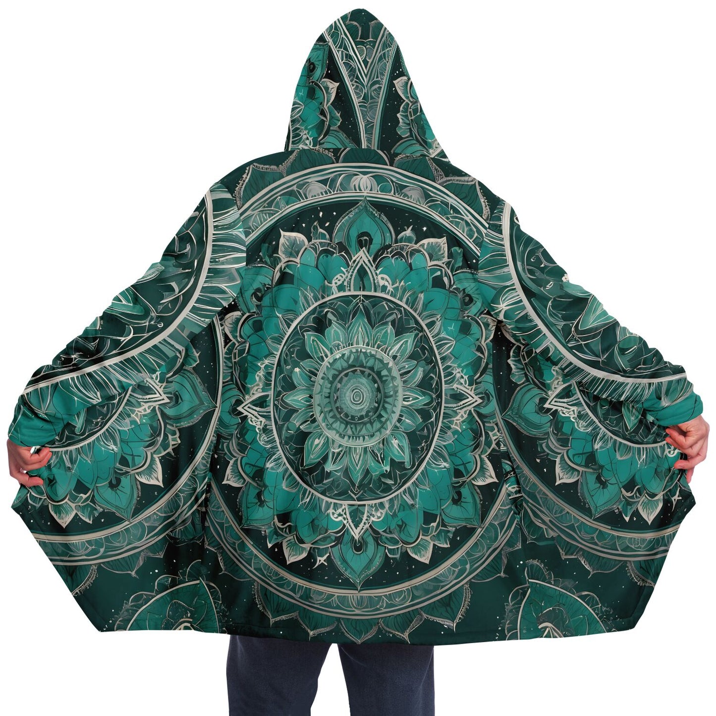 Emerald Mandala Hooded Cloak - Durable Fleece Cloak with Abstract Mandala Pattern