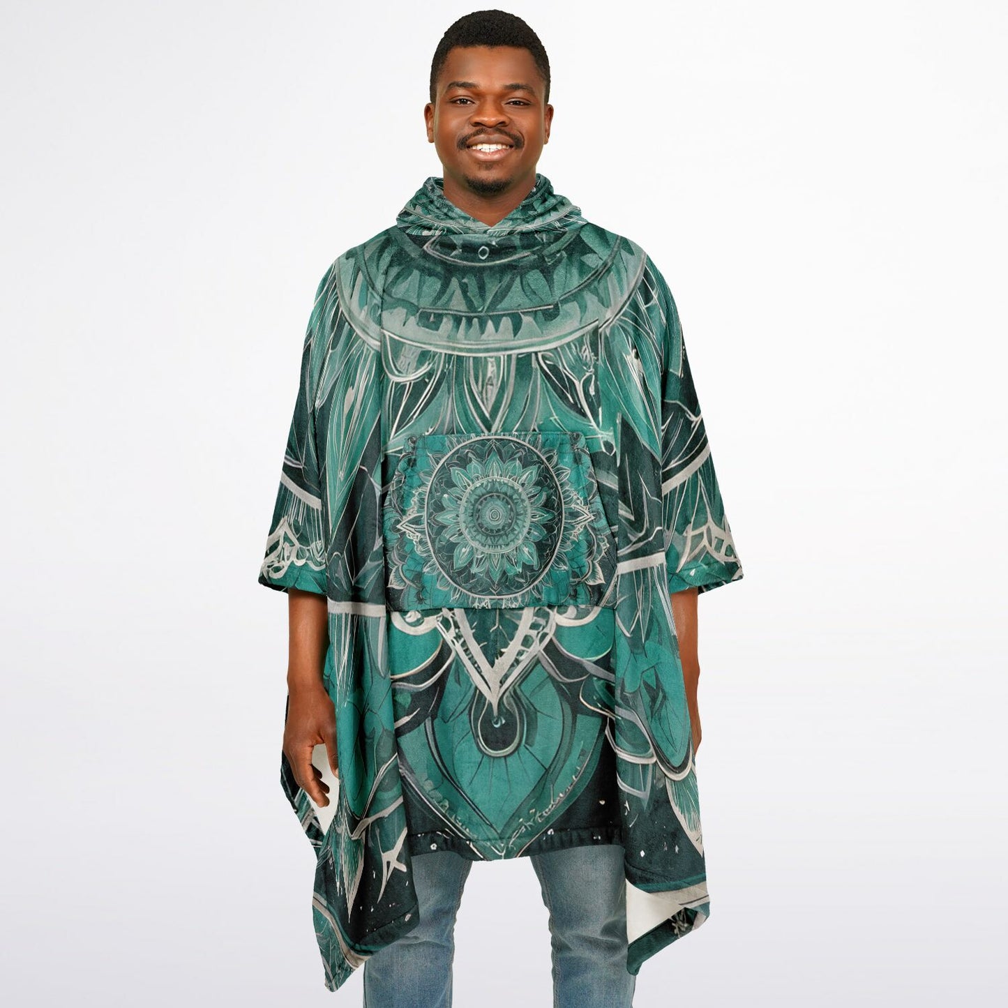 Green Mandala Flannel Blanket Poncho - Fleece Festival Poncho