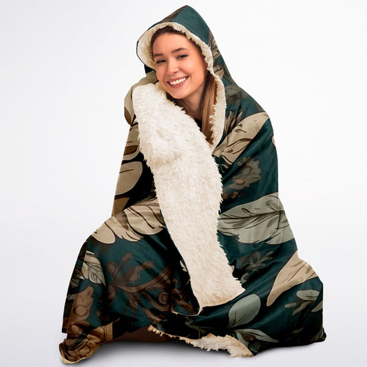 Dark Sage Hooded Blanket - Sherpa Fleece with Boho Floral Green Artwork
