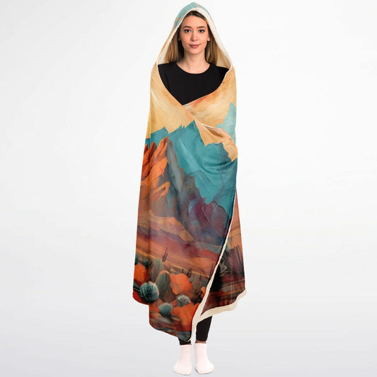 Design Hooded Blanket - Festival Style Sherpa Fleece with Teal & Orange Artwork