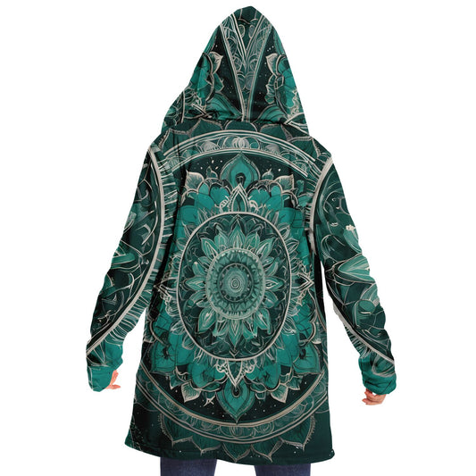 Emerald Mandala Hooded Cloak - Durable Fleece Cloak with Abstract Mandala Pattern