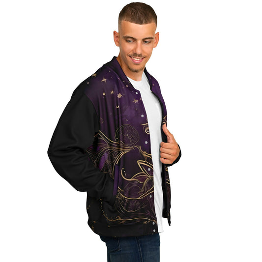 Celestial Purple Baseball Jacket - Festival Outerwear with Purple and Gold Stars