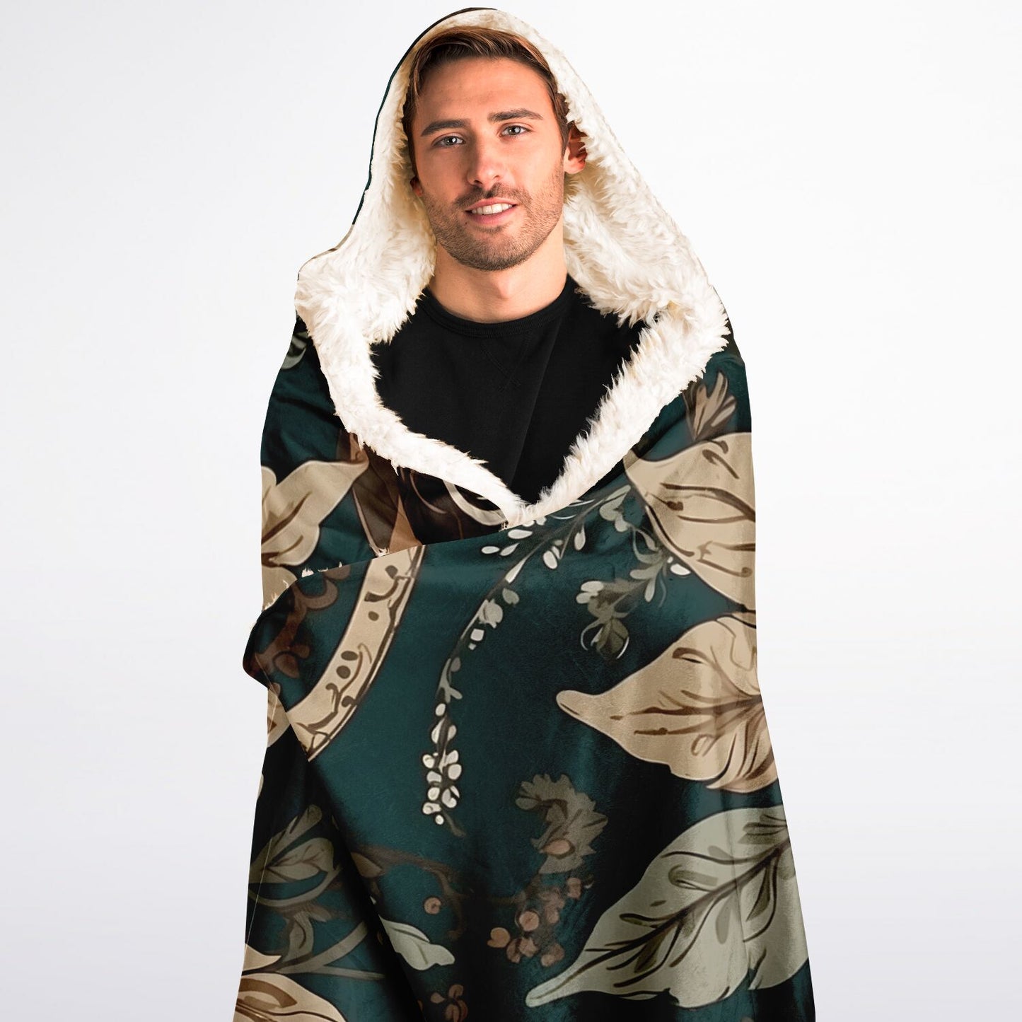 Dark Sage Hooded Blanket - Sherpa Fleece with Boho Floral Green Artwork