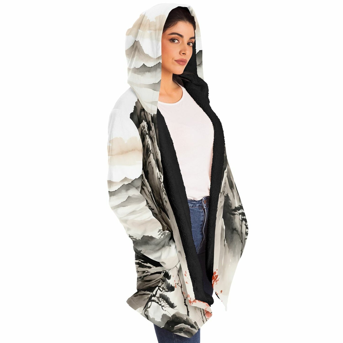 Asia Mountain Hooded Cloak - Sherpa Fleece with Fantasy Japanese Horizon