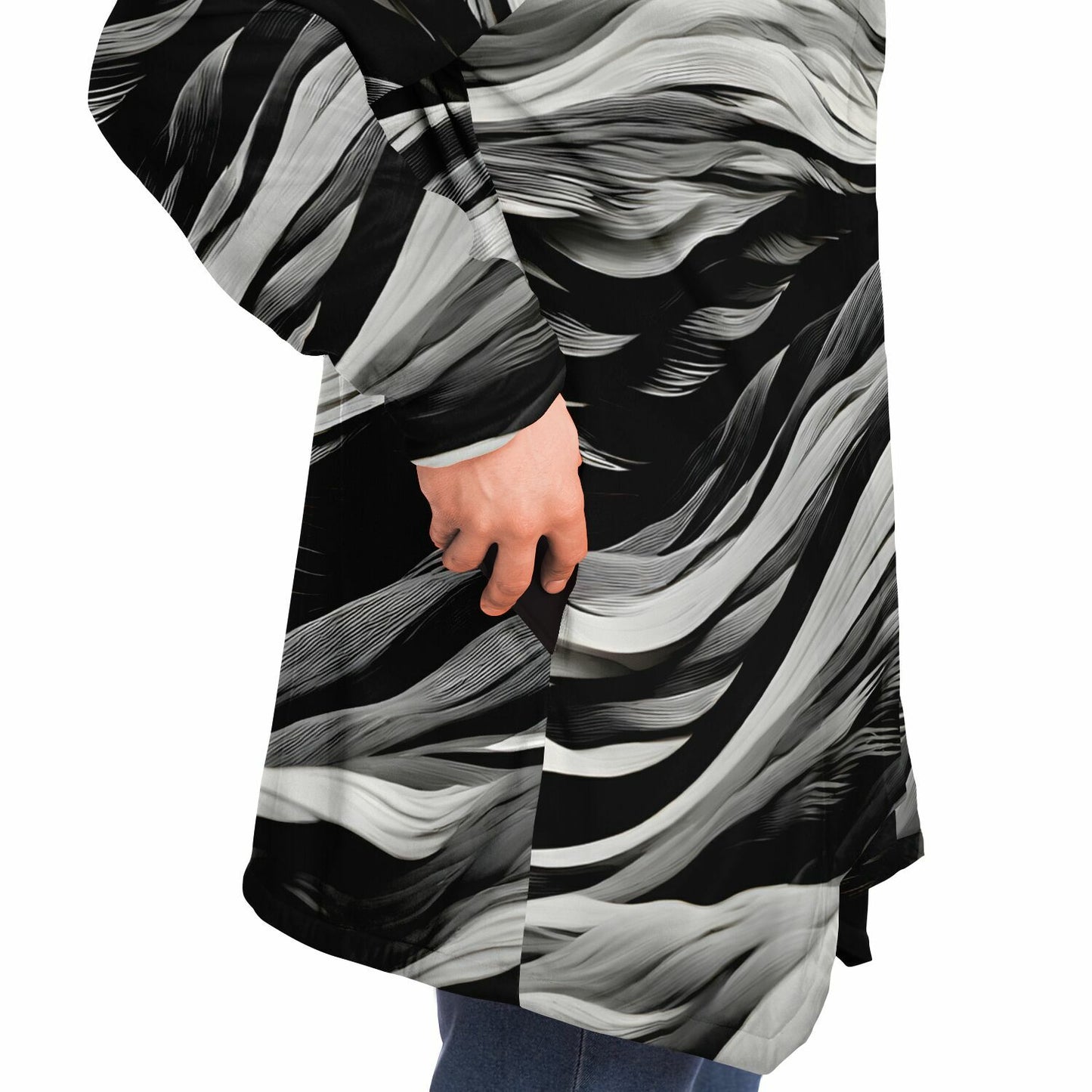 Rave Fashion Hooded Cloak - Fleece Lined Festival Wear with Black Swirl Pattern