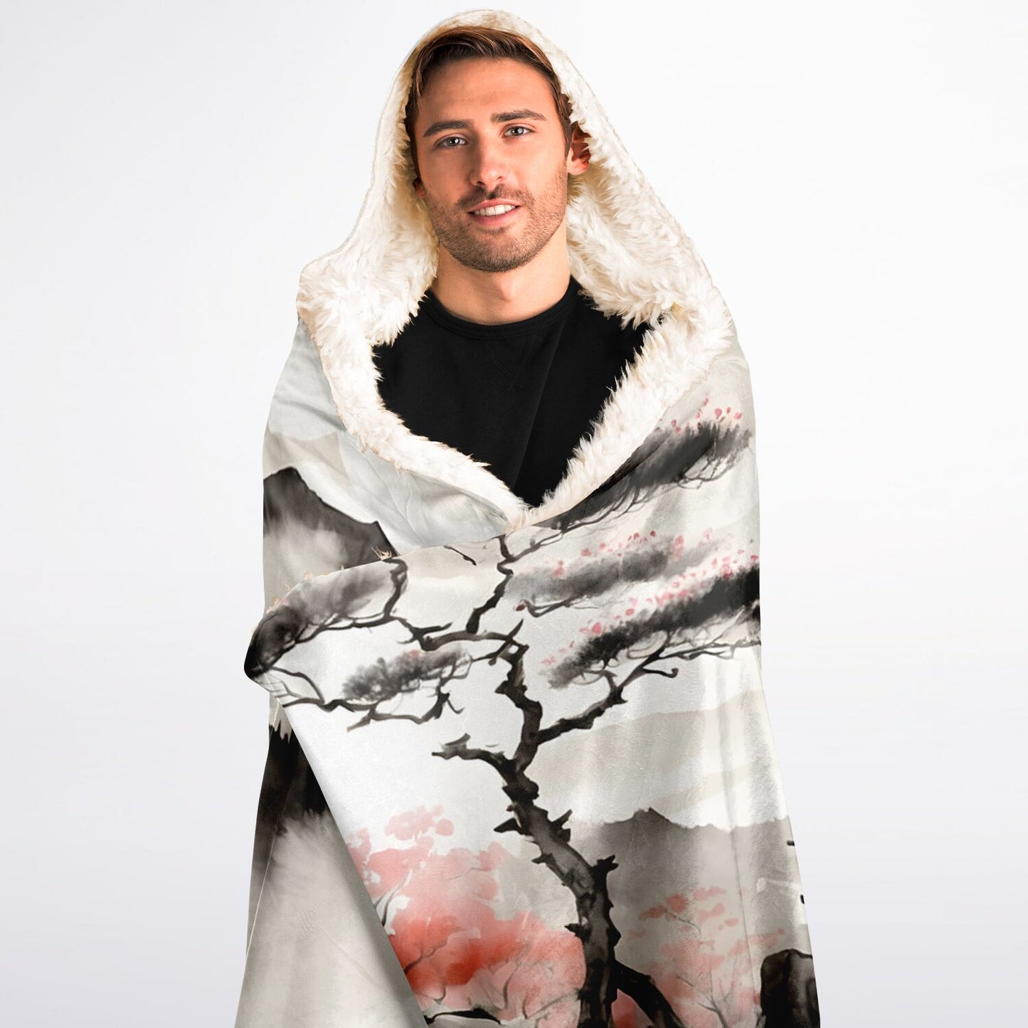 Japanese Mountain Hooded Blanket - Sherpa Fleece with Fantasy Watercolour Painting Artwork