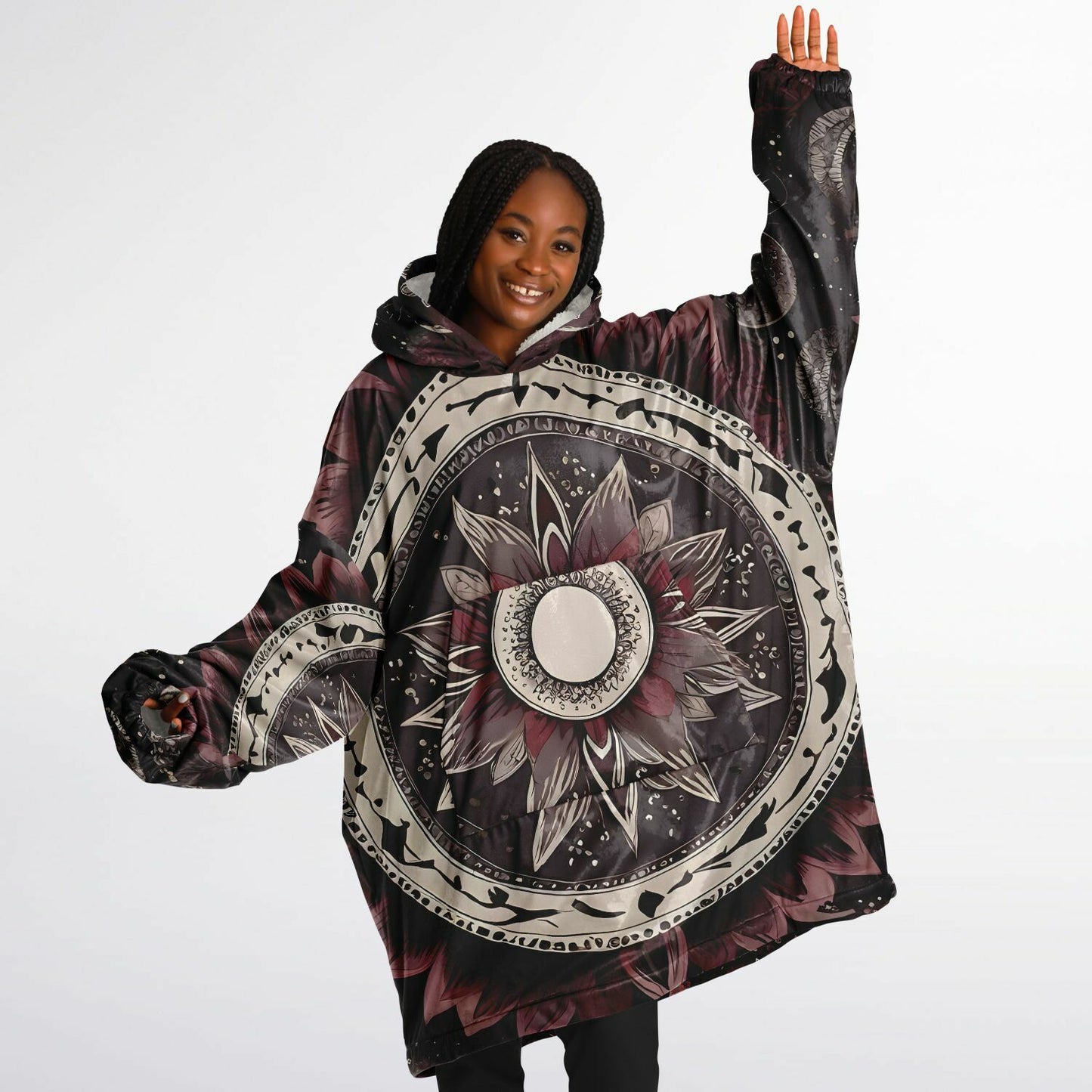 Maroon Mandala Snug Hoodie - Festival Fleece Wearable Hoodie - Essentials Hoodie