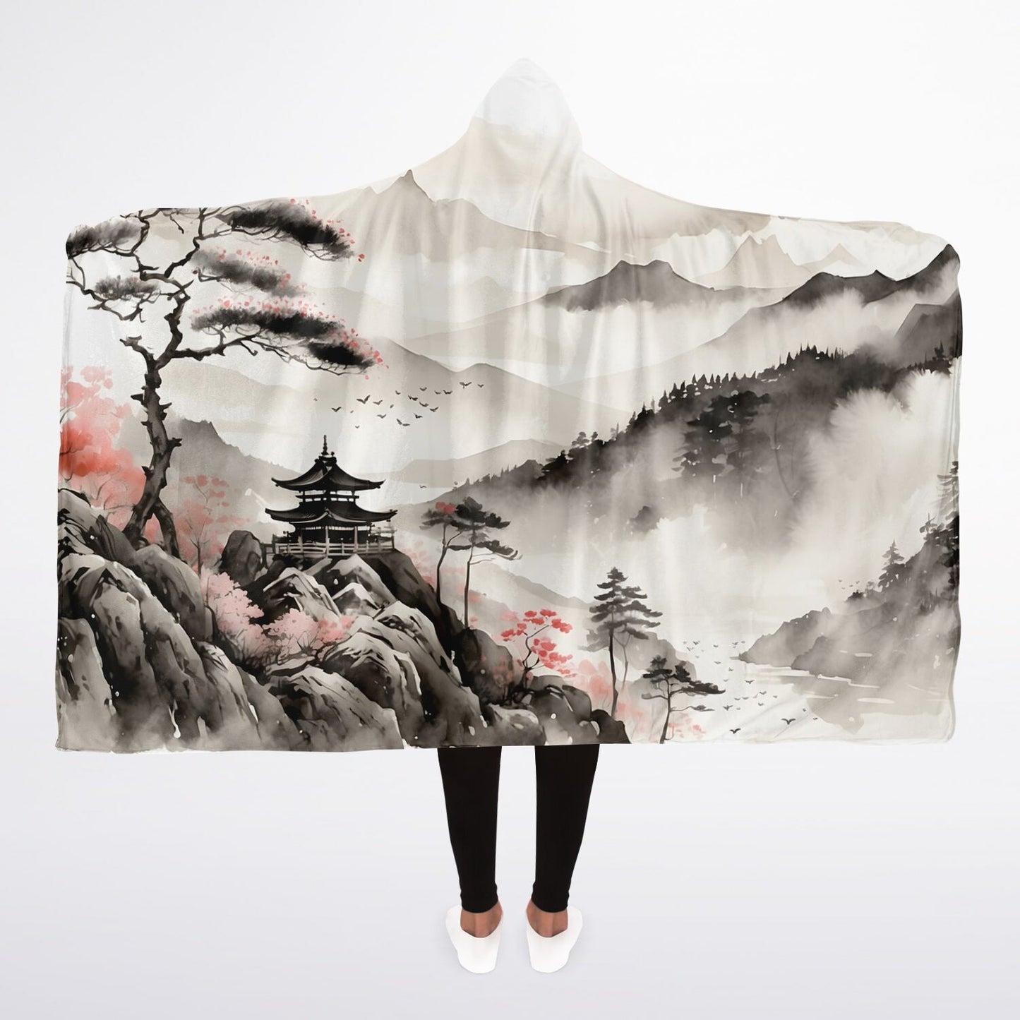 Japanese Mountain Hooded Blanket - Sherpa Fleece with Fantasy Watercolour Painting Artwork