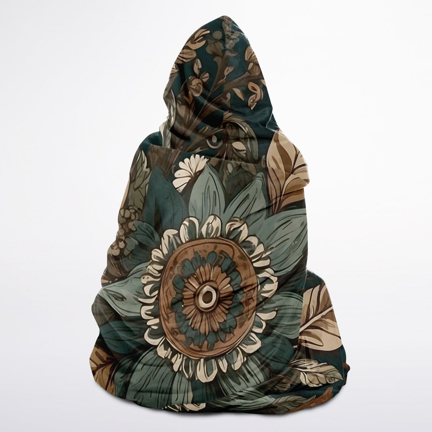 Dark Sage Hooded Blanket - Sherpa Fleece with Boho Floral Green Artwork