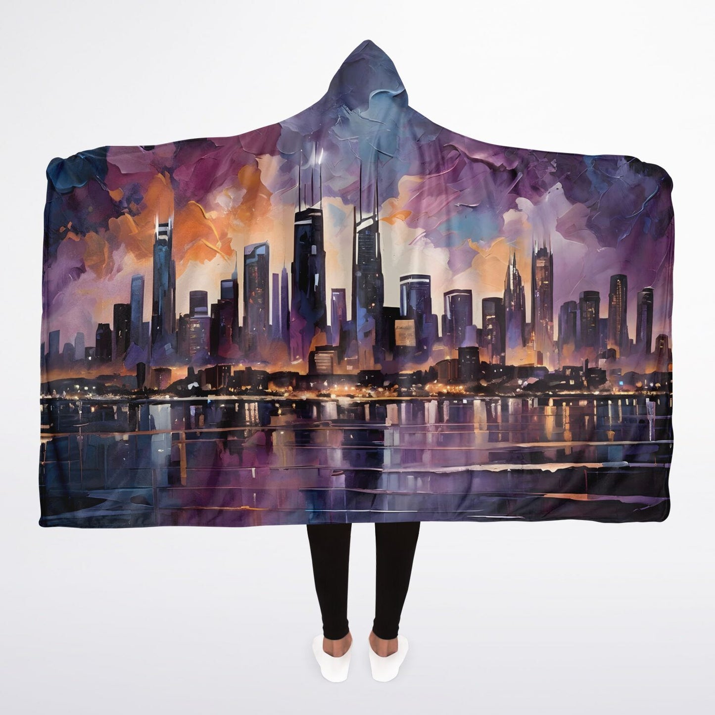 Painted Art Hooded Blanket - Sherpa Fleece with City Rave Night Horizon