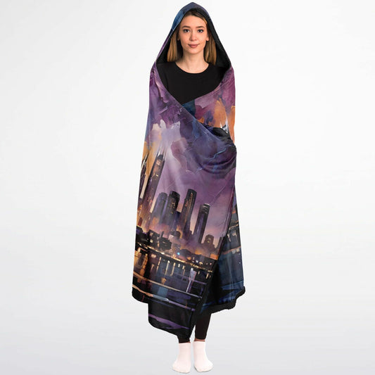 Painted Art Hooded Blanket - Sherpa Fleece with City Rave Night Horizon